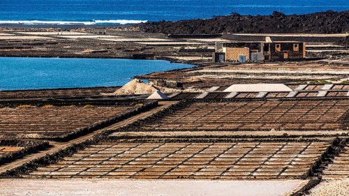 Salinas de Janubio with salt marshes, salt extraction plant, Lanzarote, Canary Islands, Spain