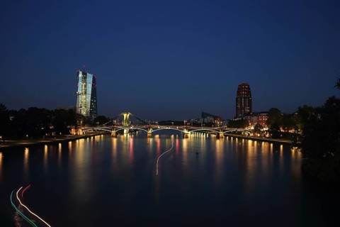 Skyline with European Central Bank ECB 185m, Hotel Lindner Main Plaza and river at night, night