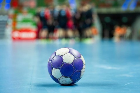 The ball on the court during a break of the handball match in Lubin, Poland