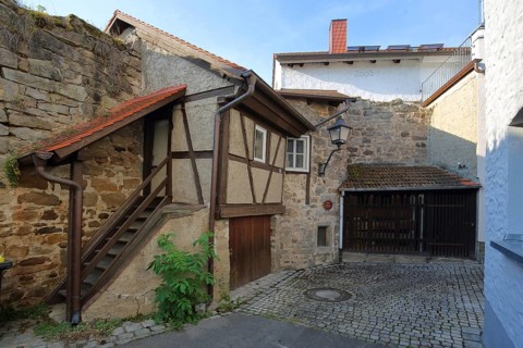 Historic city wall with stairs, houses, Eltmann, Steigerwald, Lower Franconia, Franconia, Bavaria,