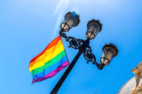 Rainbow flag displaying diverse colors proudly flying on a historic street lamp against a clear