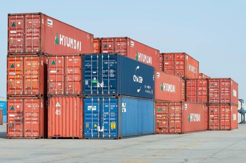 Abu Dhabi, United Arab Emirates. June 23rd 2019 Shipping containers waiting to be loaded at Khalifa