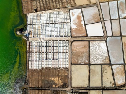 Salt mining plant, Salinas de Janubio, top-down, near Yaiza, drone shot, Lanzarote, Canary Islands,
