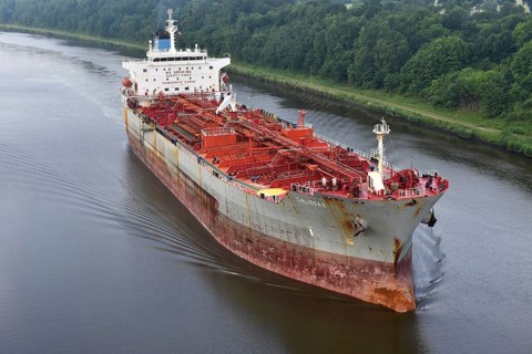 Tanker Galissas in the Kiel Canal, Schleswig-Holstein, Germany