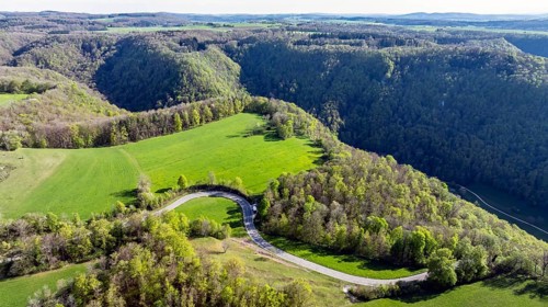 Landscape near Gutenberg, mountains and forest of the Swabian Alb in spring. Lenningen,