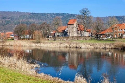View over the Weser River to the village of Hemeln, part of Hann. Münden, district of Göttingen,
