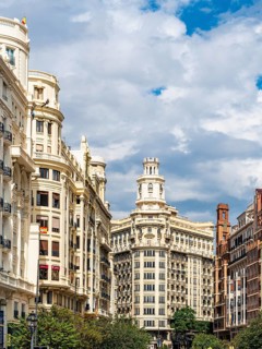 Architecture and buildings over Plaza del Ayuntamiento, Valencia, Spain