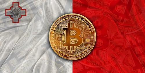 Investors in Blockchain Technology with Malta flag background. Bitcoin cryptocurrency with Maltese