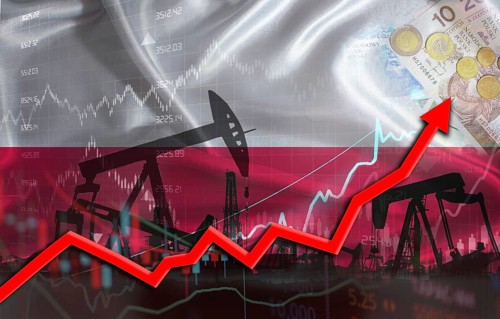 Oil production with Polish flag, petrol industry. Oil pumps with Poland flag