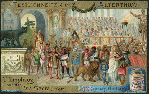 Picture series Festivities in Antiquity, triumphal procession on the Via Sacra in ancient Rome,