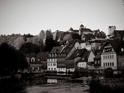 Classic view of town in monochrome toning with distinct contrast and historic architecture, Kronach