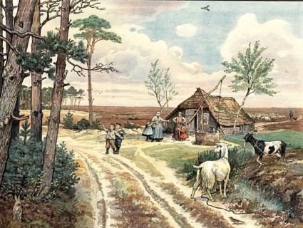 Rural scene in a heathland with a traditional farmhouse, animals and people. Heathland at the turn
