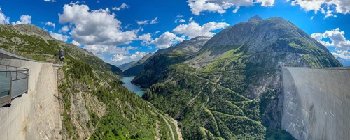 Panoramic view of the free-floating viewing platform Airwalk on a 200-meter high dam from the