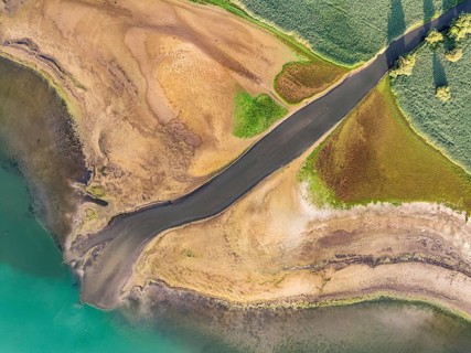 Aerial view, top-down view of the Radolfzell Aachen estuary at historic lows, low tide at water