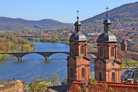 St. James parish church, Roman Catholic parish church, panorama with the river Main, Miltenberg,
