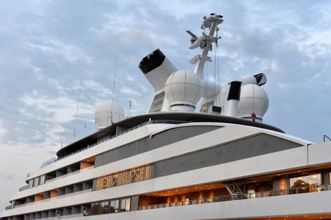 Detailed view of a luxury yacht in the evening mood, modern and elegant design, luxury mega yacht,