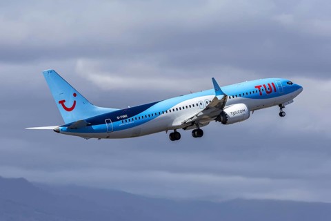 A TUI Boeing 737 MAX 8 aircraft with the license plate G-TUMT at Tenerife Airport, Spain