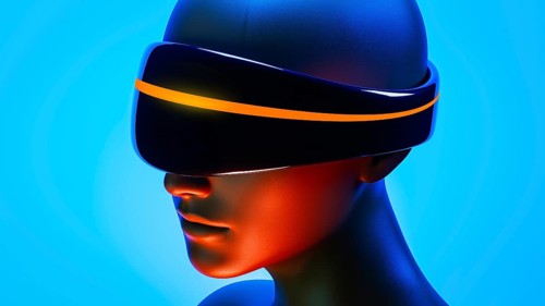 A humanoid wearing virtual goggles experiences an augmented world filled with artificial