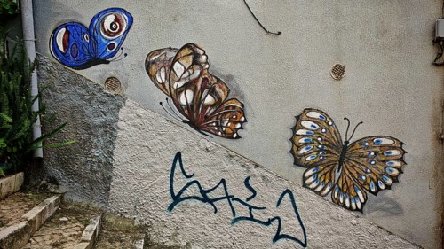 Three colorful, colorful butterflies as wall art, graffiti on dirty house wall, Lisbon, Portugal
