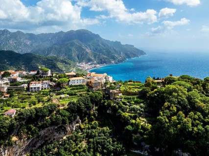 View of Ravello from a drone, Amalfi Coast, Tyrrhenian Sea, Salerno, Campania, Italy