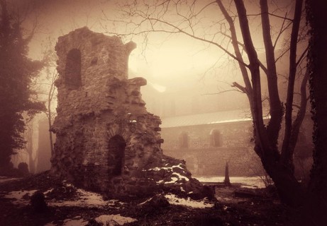 Church ruins in dense fog in winter, Petersberg Monastery near Halle, Saxony-Anhalt, Germany