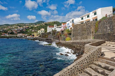 Promenade on the Atlantic Ocean beach, municipality of Santa Cruz, Madeira, Portugal