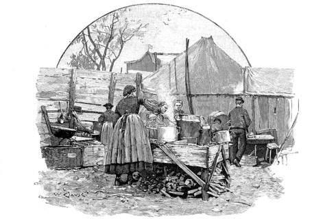 The dumpling kitchen at a market in Tyrol, 1890, Austria, illustration, reproduction from a model
