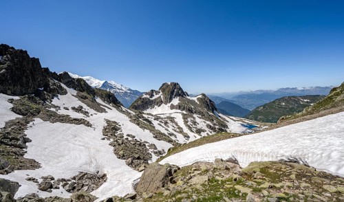 Mountain landscape with snowfields, Aiguilles Rouges, Chamonix-Mont-Blanc, Haute-Savoie, France
