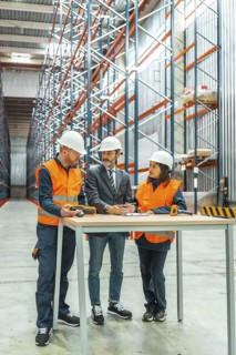 Warehouse workers and manager discussing logistics operations, using barcode scanner and reviewing