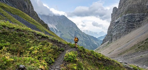 Hiker on the Carnic High Trail, Carnic Alps, Carnic Alps main ridge, Austria