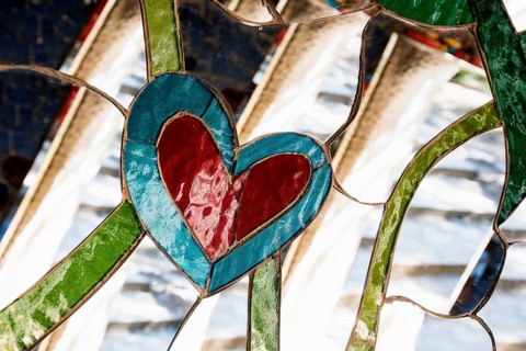 Colourful hearts made of glass and mirrors, Giardino dei Tarot, by Niki de Saint Phalle, near