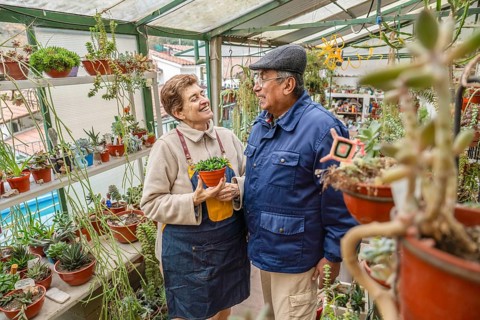 Warm smiling moment between a mature couple as they look at each other inside their home
