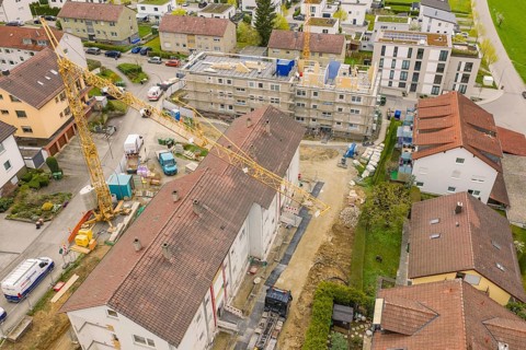 Aerial view of a residential development during ongoing construction activity, residential