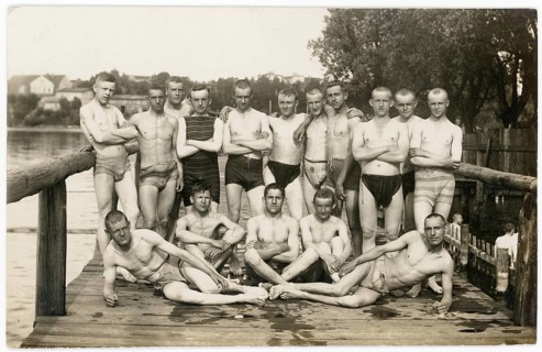 German Eylau, Ilawa, Poland, men, jetty, lake, outdoor pool, group of men in bathing suits gathered