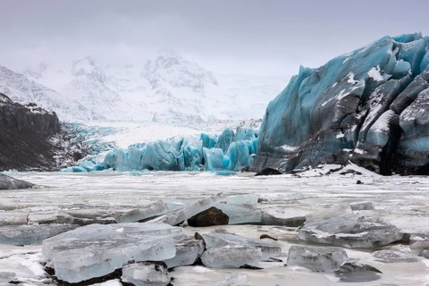 Glacier lagoon, frozen glacial lake, glacier ice, mountain, snow, winter, Svinafellsjökull,