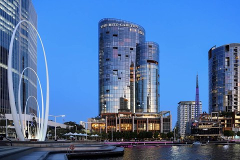 Skyline at Elisabeth Quay, blue hour, blue hour, harbour, Perth, State of Western Australia,