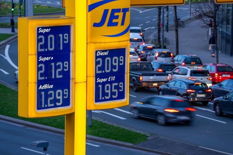 Gas station, high fuel prices due to the war in the Middle East, display board, jet gas station at