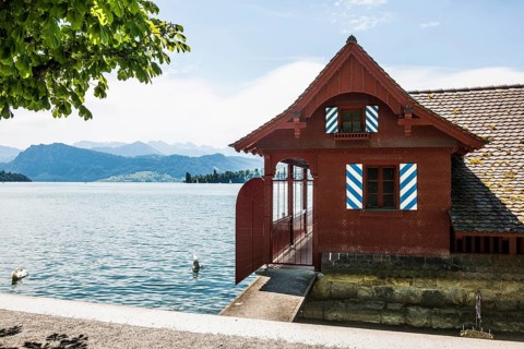 Waterfront and historic boathouse, Lucerne, Lake Lucerne, Canton of Lucerne, Switzerland