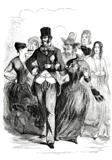 The scene depicts a group of elegantly dressed ladies and gentlemen of Parisian high society amidst