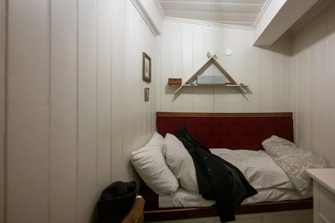 Cabin with small bed, historic polar research ship Fram, wooden ship, by Fridtjof Nansen and Roald