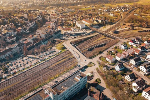 Overview of urban residential area with extensive rail network and bridges, Mühlacker, Enzkreis,