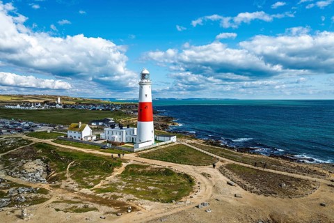 Portland Bill Lighthouse from a drone, Portland Bill, Isle of Portland, Dorset, England, United