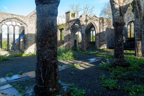 Ruins of Holy Trinity church, Buckfastleigh, north Devon, England, UK destroyed by fire in 1992