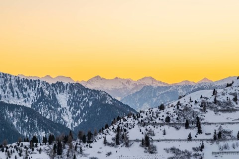 Beautiful landscape of the Mountain silhouettes of the Sexten Dolomites on a sunny winter day,