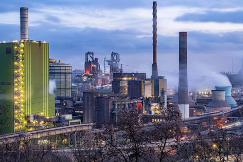 Panorama of the Thyssenkrupp Steel steelworks in Duisburg-Bruckhausen, in front the gas-fired power