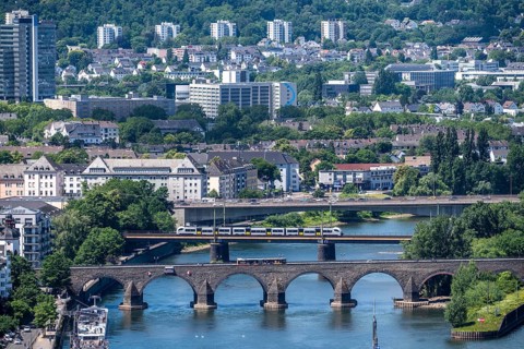 The bridges over the Moselle just in front of it flows into the Rhine, road and railway bridges,