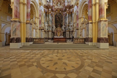 Choir of the Baroque monastery church, floor mosaic, handicrafts, interior view, former Cistercian