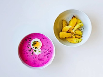 Cold Lithuanian soup Saltibarsciai or cold borscht, a cold summer soup made of beetroot and kefir,