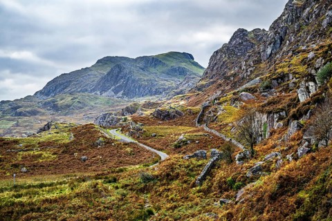 Autumn colors over Mountains and Llyn Cwmorthin Lake, Cwmorthin Terrace, North Wales, UK