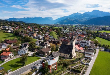 Drone image, view of village with church, Puch near Hallein, Salzachtal, Tennengau, Salzburg